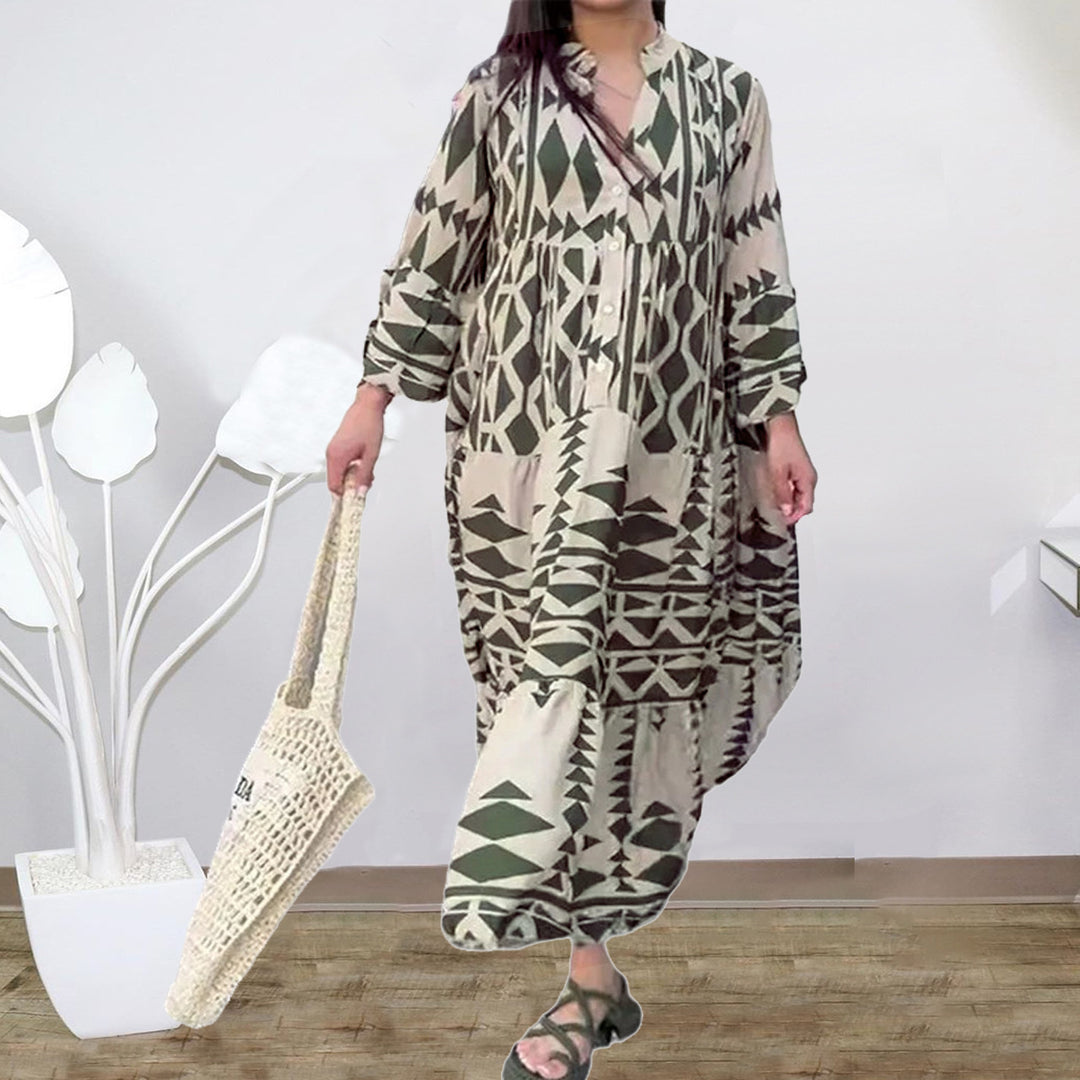 Women's Loose Maxi Dress in Boho Style with Graphic Print, V-Neck and Button Placket Mune Fashion