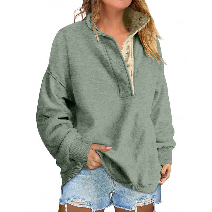 Women's Oversized Henley Sweatshirt with Stand-Up Collar and Snap Button Placket Mune Fashion