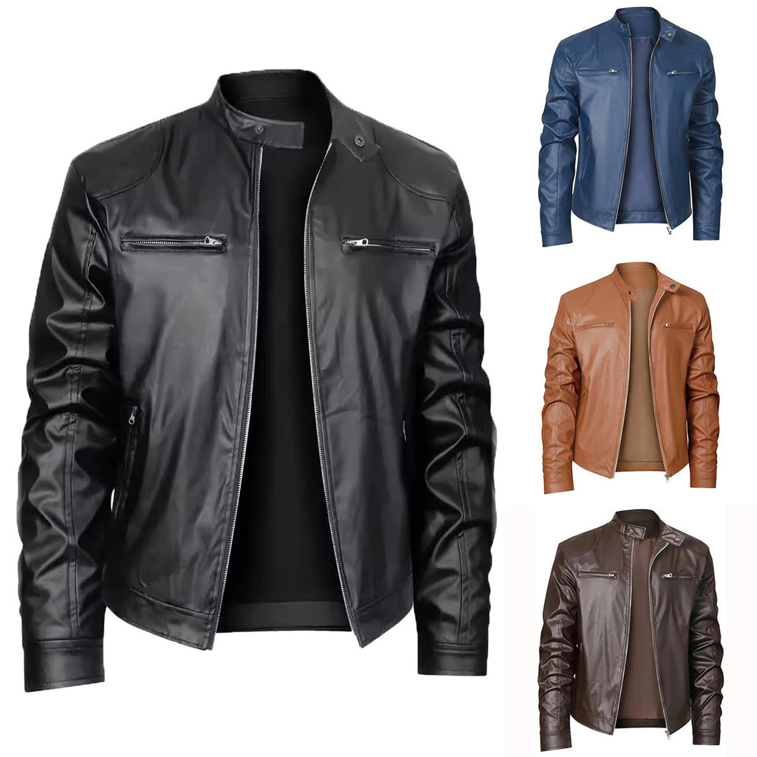 Men's slim faux leather biker jacket with stand-up collar, full zip and two chest pockets Mune Fashion