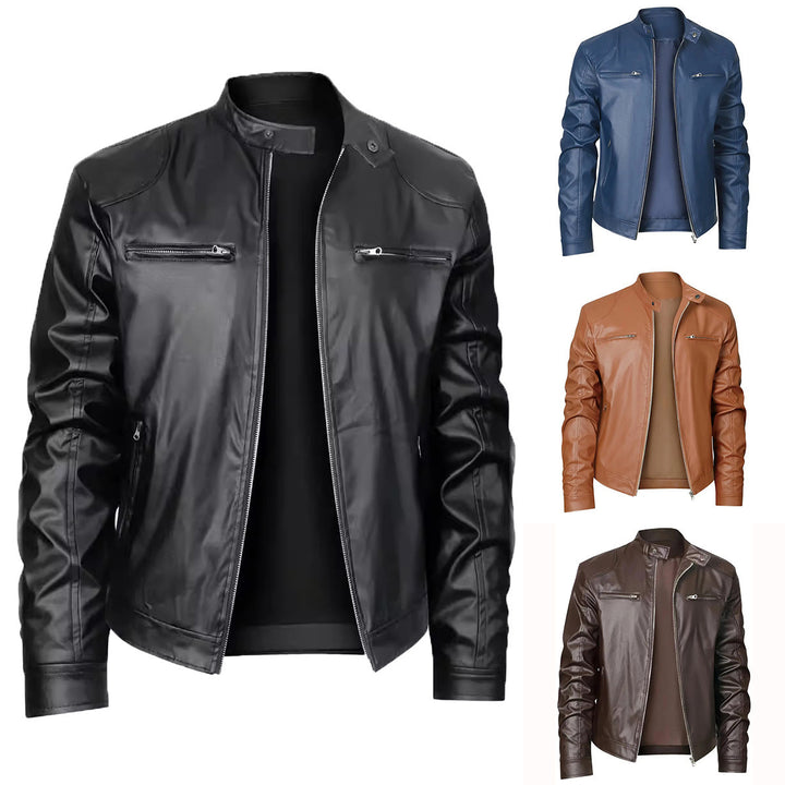 Men's slim faux leather biker jacket with stand-up collar, full zip and two chest pockets Mune Fashion
