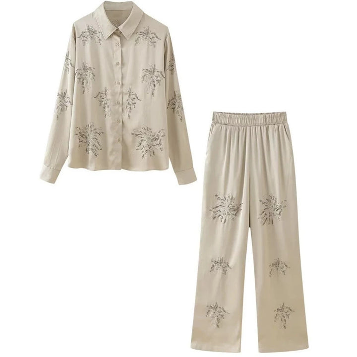 Women's embroidered silk-look blouse with sparkling crystal embellishments and shirt collar Mune Fashion