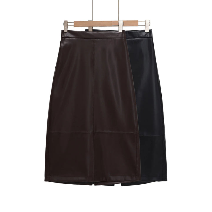 Women's tailored midi skirt in leather look with a high waistband, dividing seams, and back slit Mune Fashion