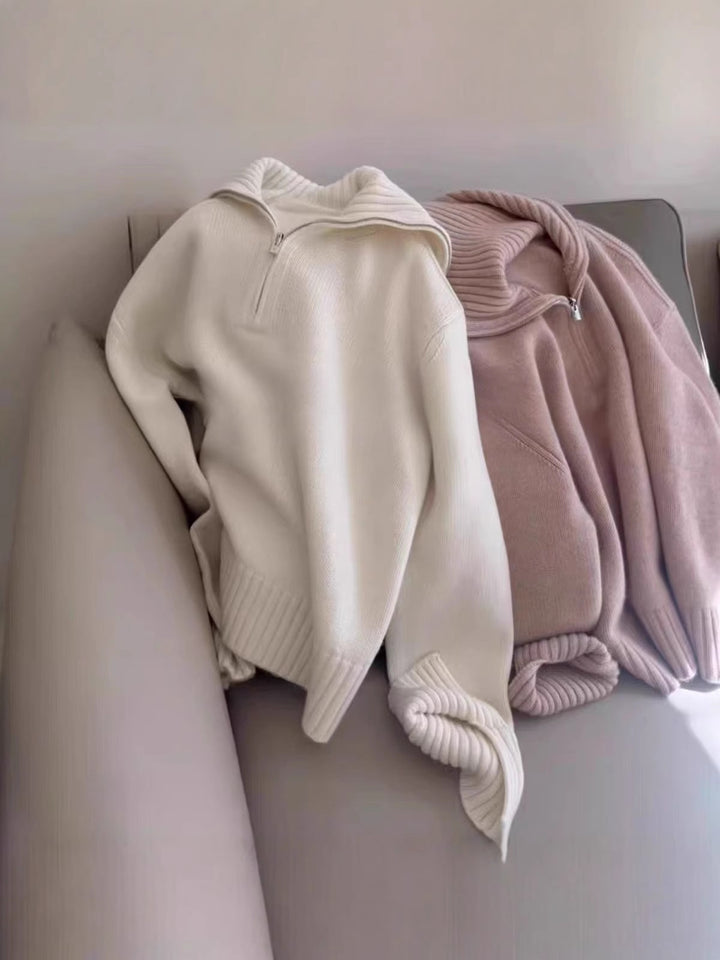 Women's Oversized Fine Knit Sweater with Half Zipper and Wide Turtleneck Mune Fashion