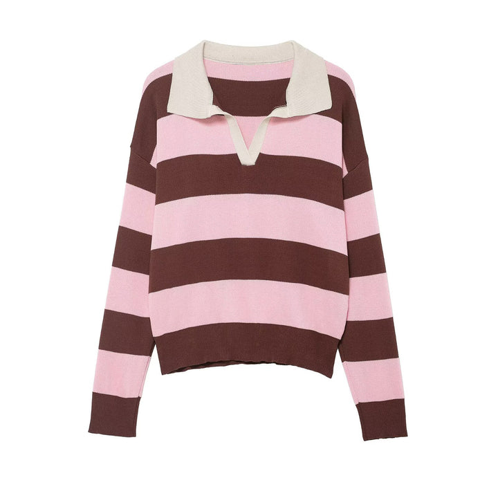 Women Striped Rugby Polo Sweater with V-Notch and Cropped Hem Mune Fashion