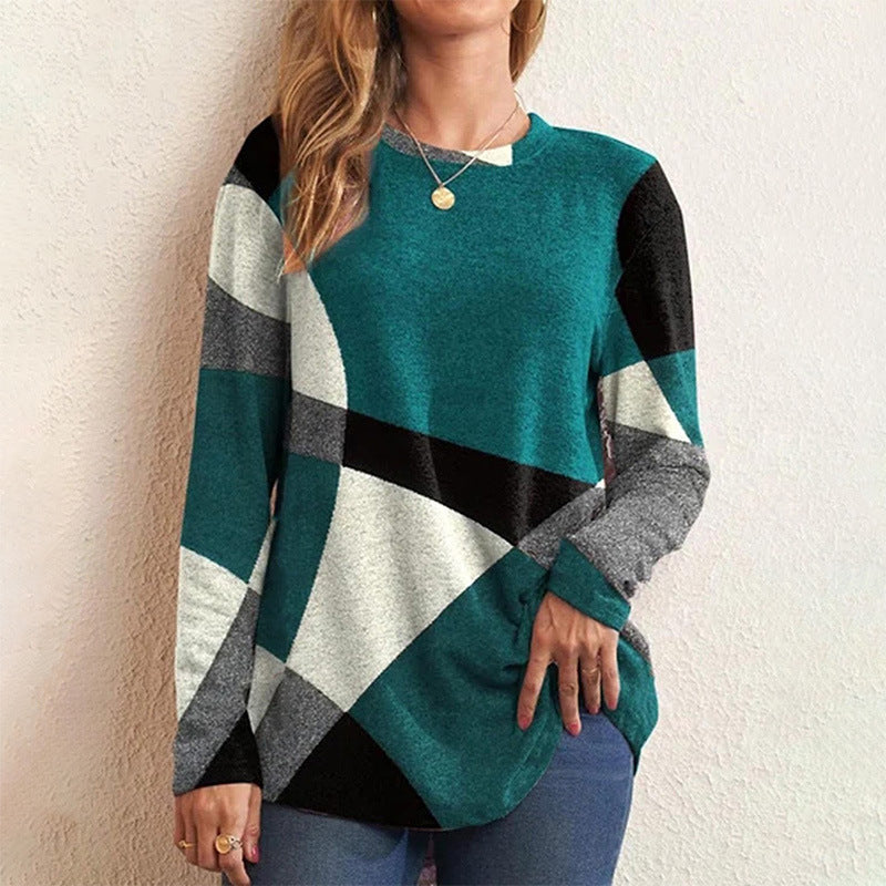 Women's long sleeve shirt with graphic print, round neckline and curved hem Mune Fashion
