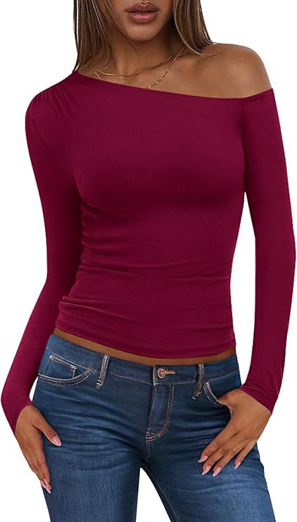 Women's Off-Shoulder, Fitted Ribbed Long Sleeve Top with Asymmetric One-Shoulder Cut Mune Fashion