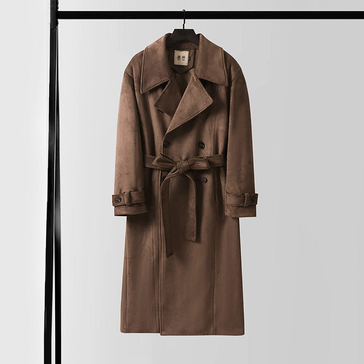 Men's Maxi Length Velour Coat in Trench Look with Wide Lapels and Belt Mune Fashion