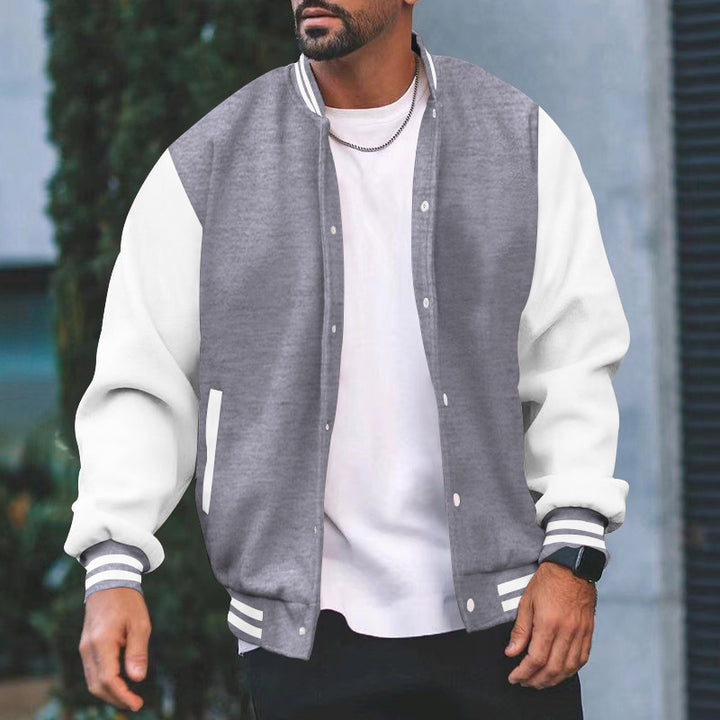 Men's varsity college bomber jacket with snap button closure, contrasting arms and ribbed cuffs Mune Fashion