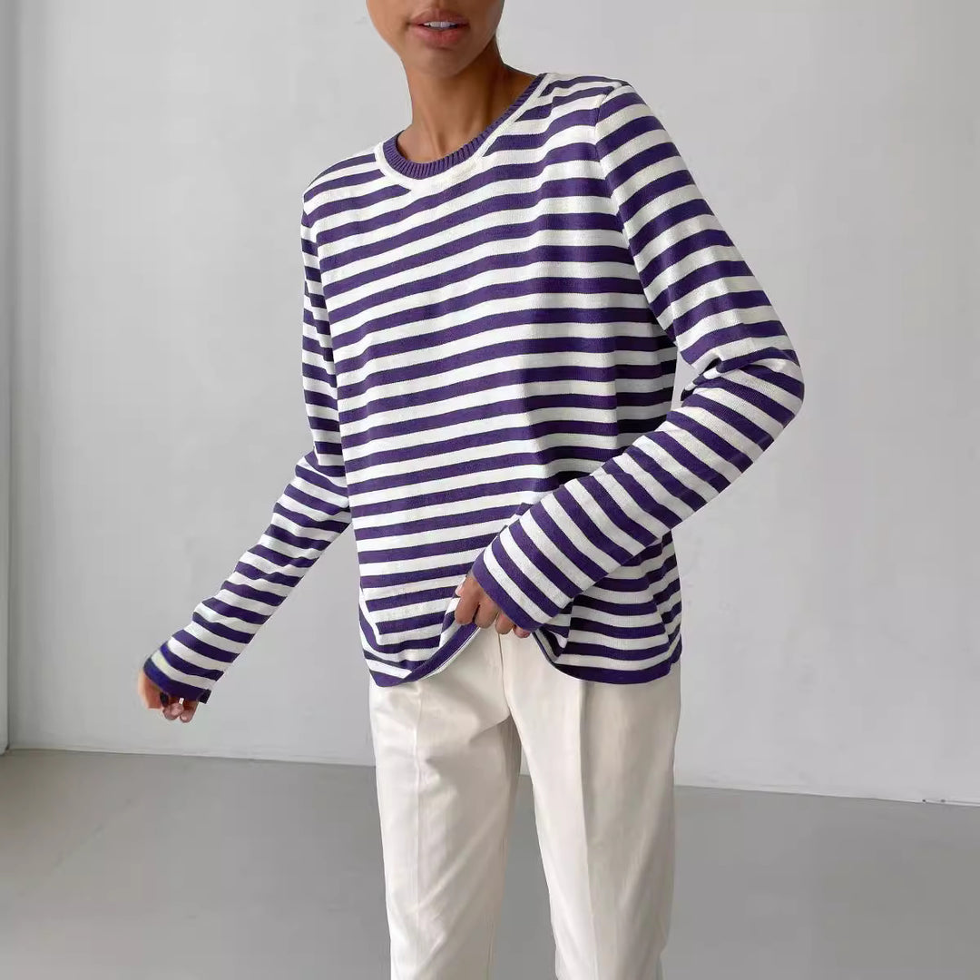 Women's striped cotton sweater with round neck and relaxed fit Mune Fashion
