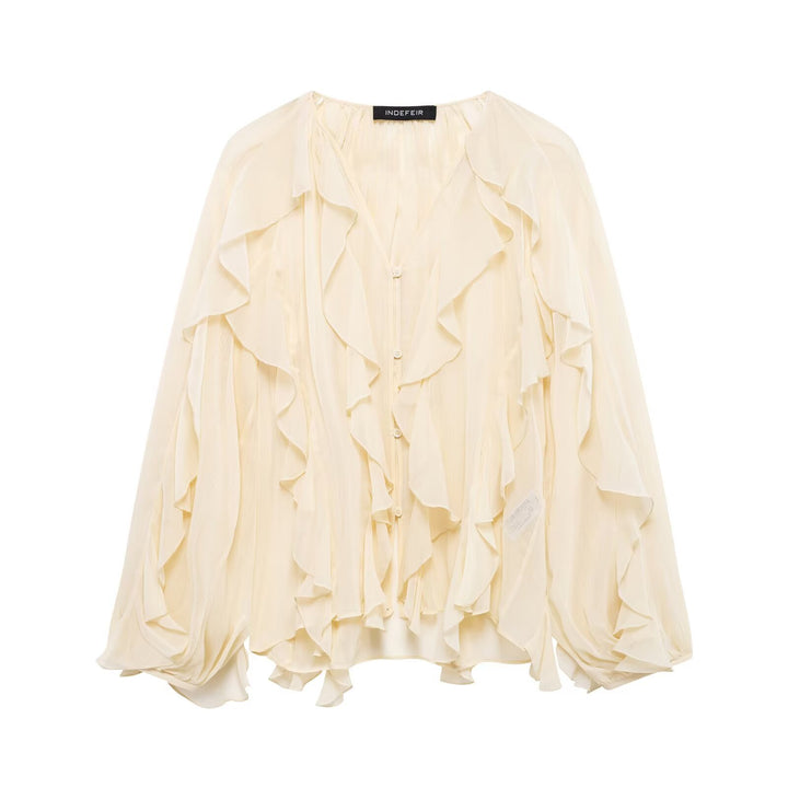 Women Chiffon Blouse with multiple ruffle frills and button placket Mune Fashion