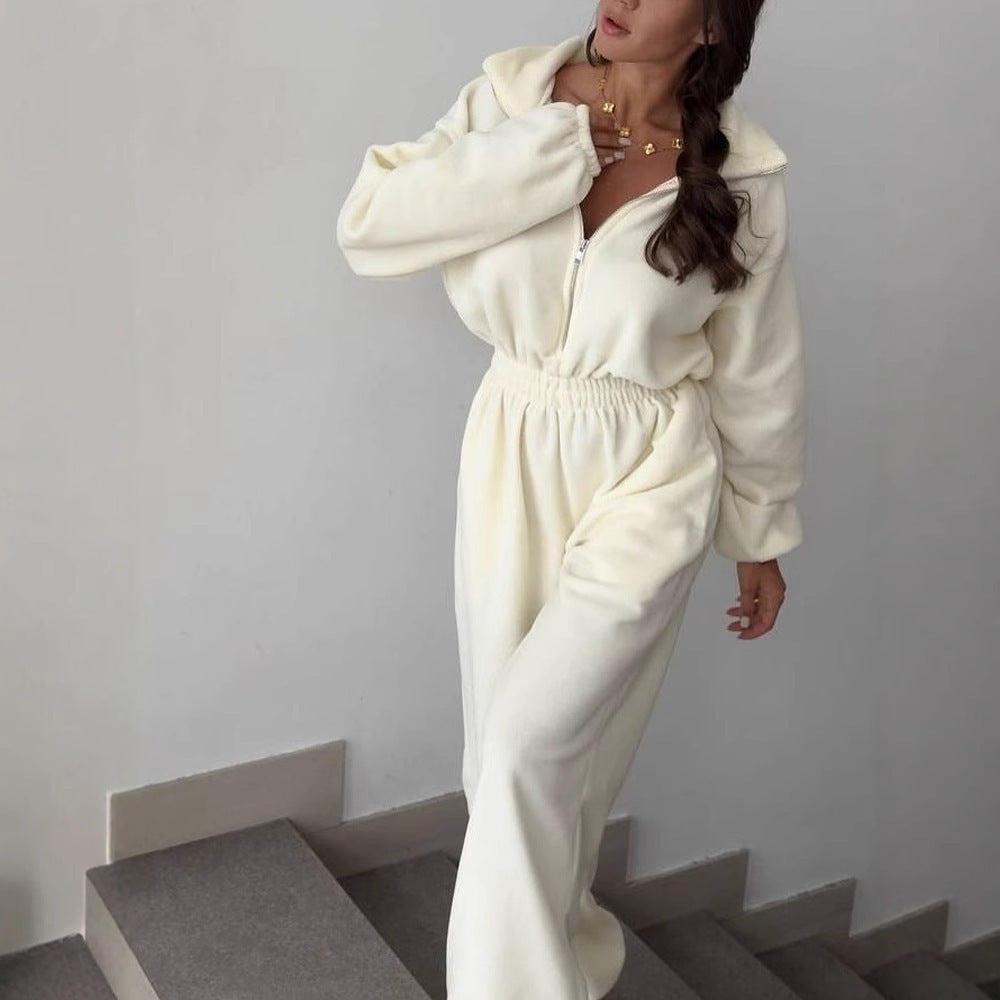 Women's cozy plush jumpsuit with half zipper and elastic waist Mune Fashion