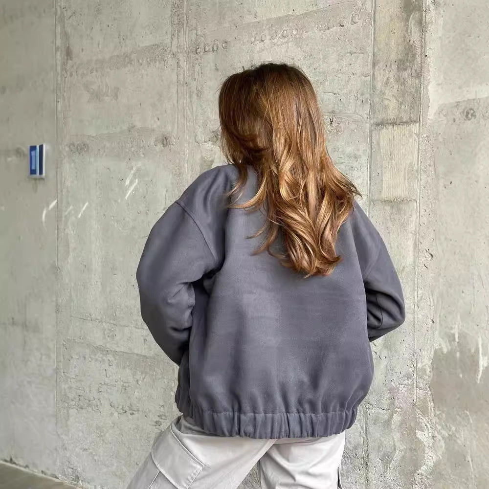 Ladies short-cut bomber jacket made of wool blend with snap button closure and elastic hem Mune Fashion