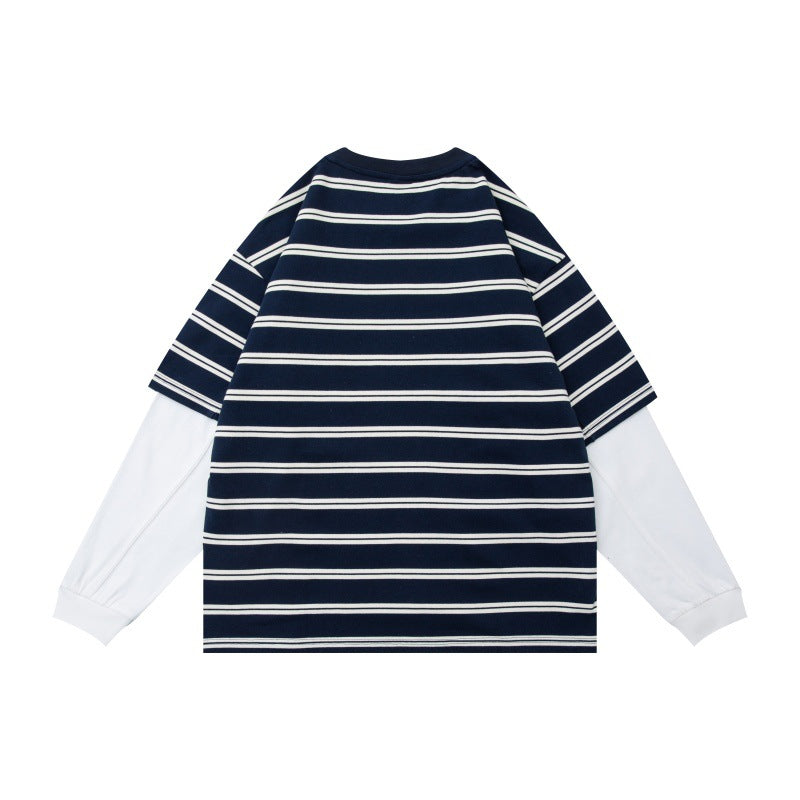 Unisex Layered Look Long Sleeve Shirt with Striped Oversized Top and Inserted Inner Sleeves Mune Fashion