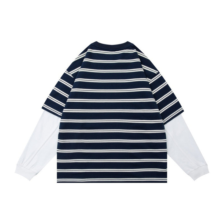 Unisex Layered Look Long Sleeve Shirt with Striped Oversized Top and Inserted Inner Sleeves Mune Fashion