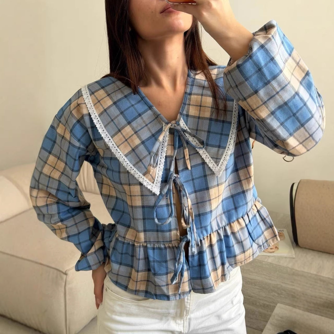 Women's Checked Ruffle Blouse with Oversized Lace Collar and Ties Mune Fashion