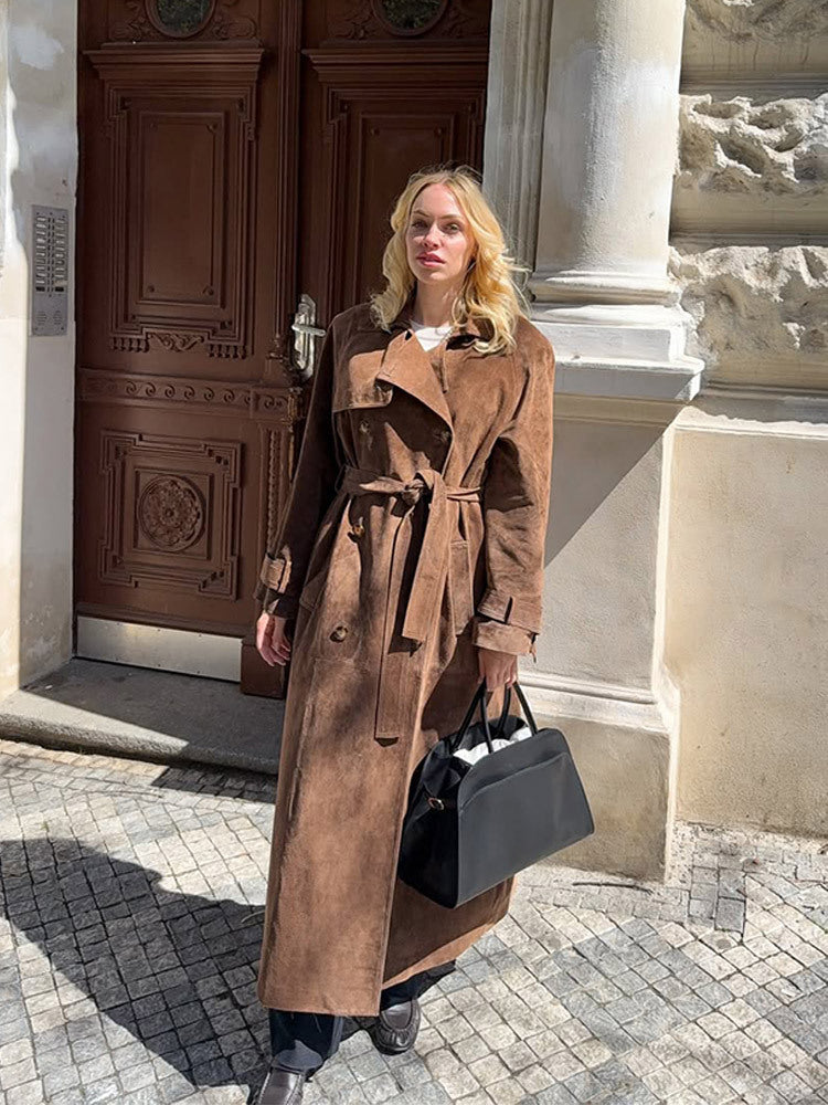 Women Maxi Long Suede Trench Coat with Tied Belt Mune Fashion