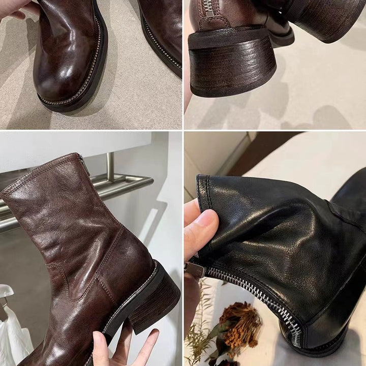 Women Mid-Calf Stretch Leather Boots with Round Toe and Profiled Platform Sole Mune Fashion