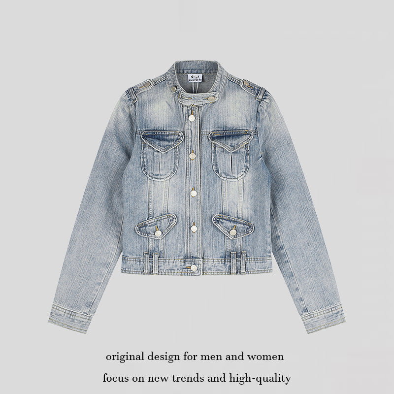 Women's Short Denim Jacket in Military Style with Stand Collar, Shoulder Epaulets and Flap Pockets Mune Fashion