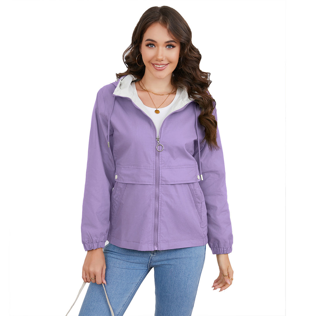 Women's lightweight water-repellent hooded parka with drawstring, ring zipper, and concealed snap button placket Mune Fashion