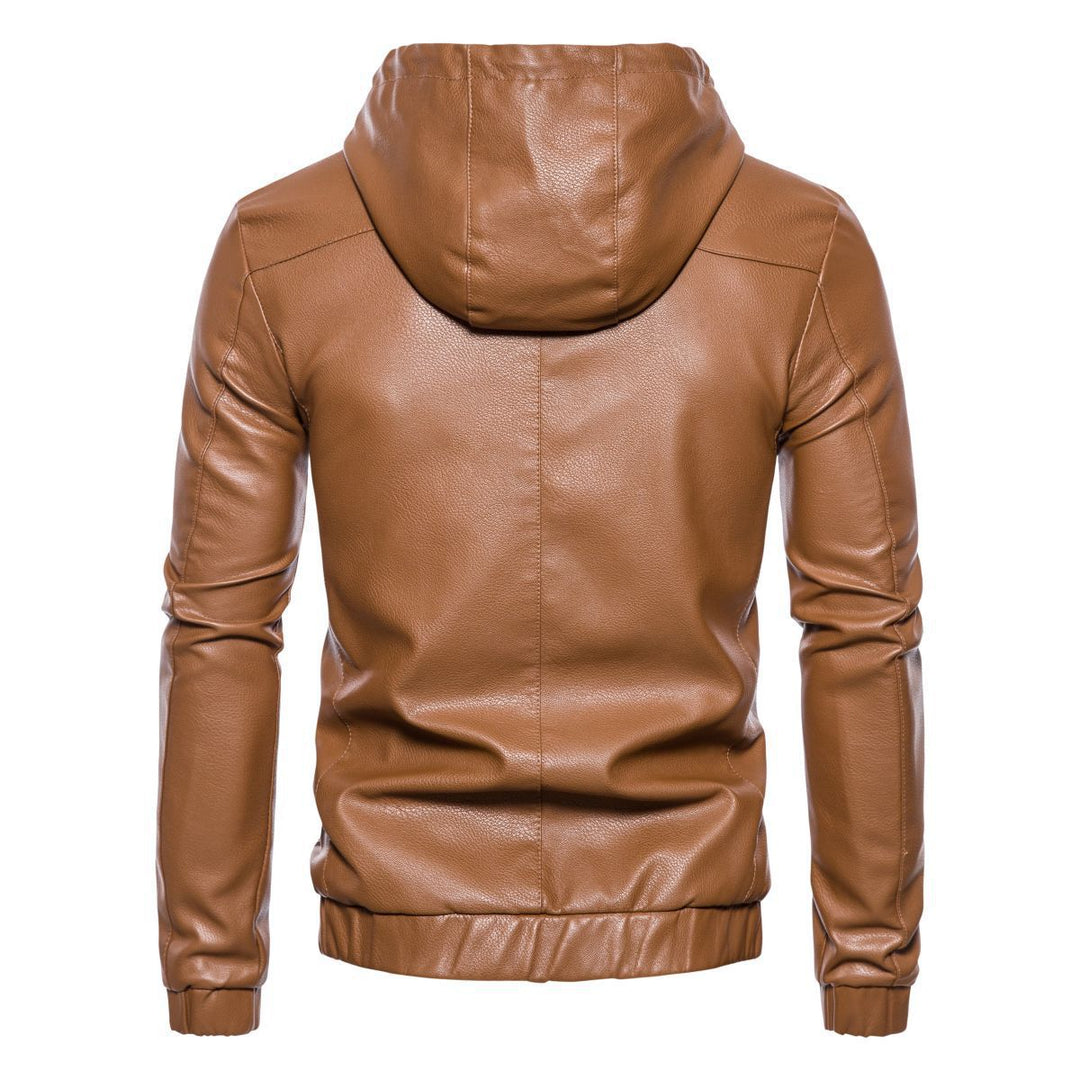 Men's Hooded Leather Jacket in Biker Style with Zipper and Slim Silhouette Mune Fashion