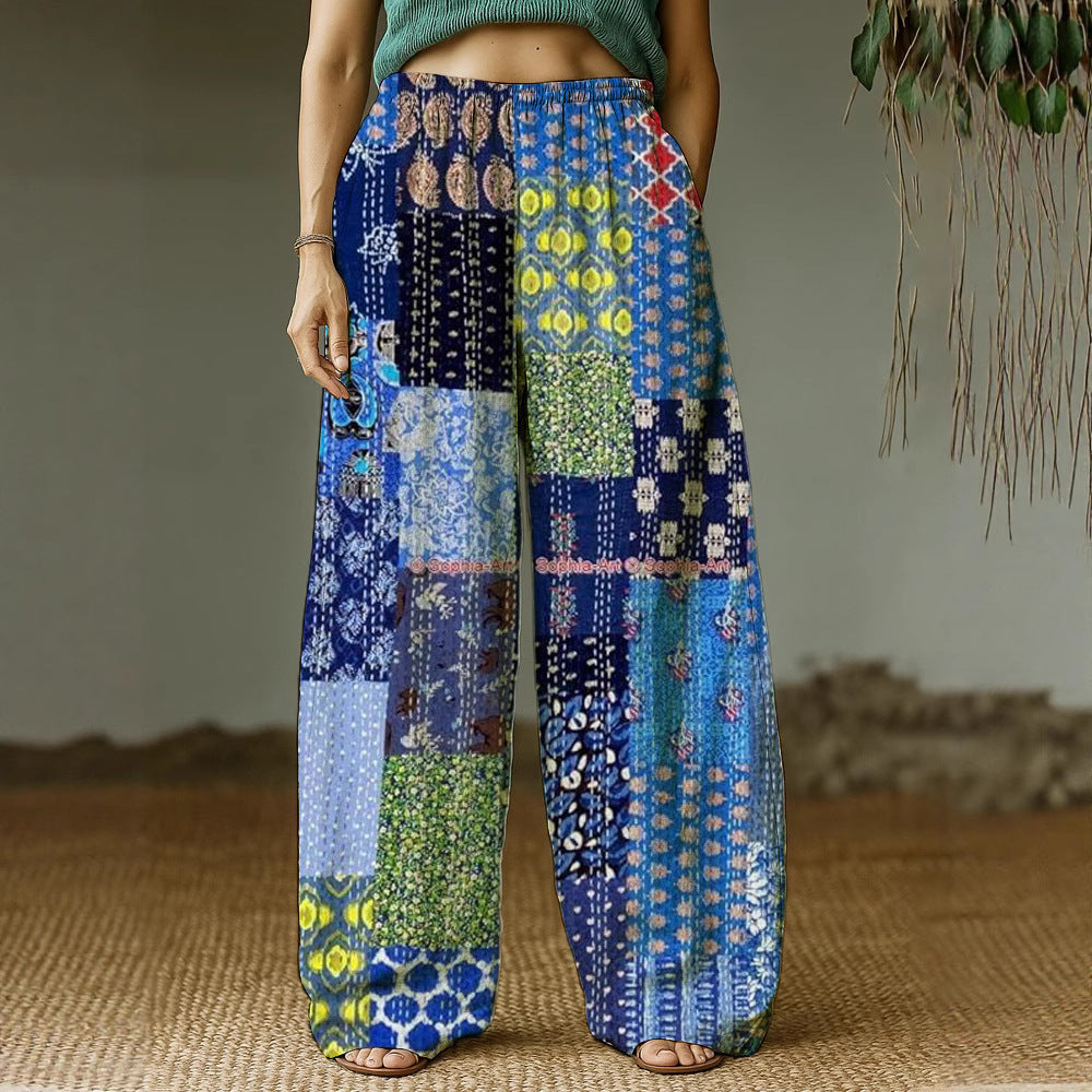 Women's Wide Leisure Pants with Ethnic Patchwork Pattern Mune Fashion