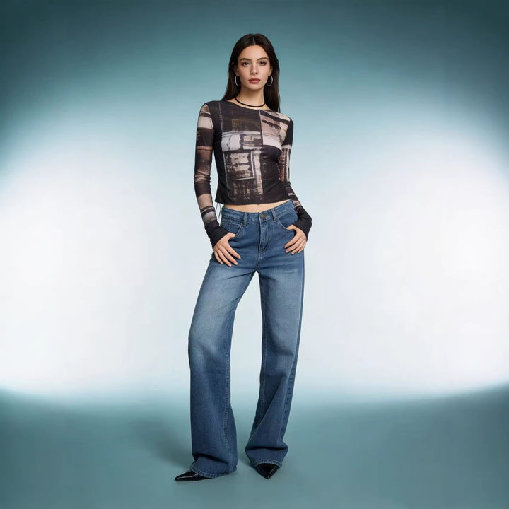 Women high-waisted wide-leg jeans with tonal side seam and faded gradient Mune Fashion