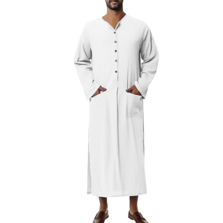 Men's wide long tunic-kaftan made of breathable linen with stand-up collar, button placket, and patch pockets Mune Fashion