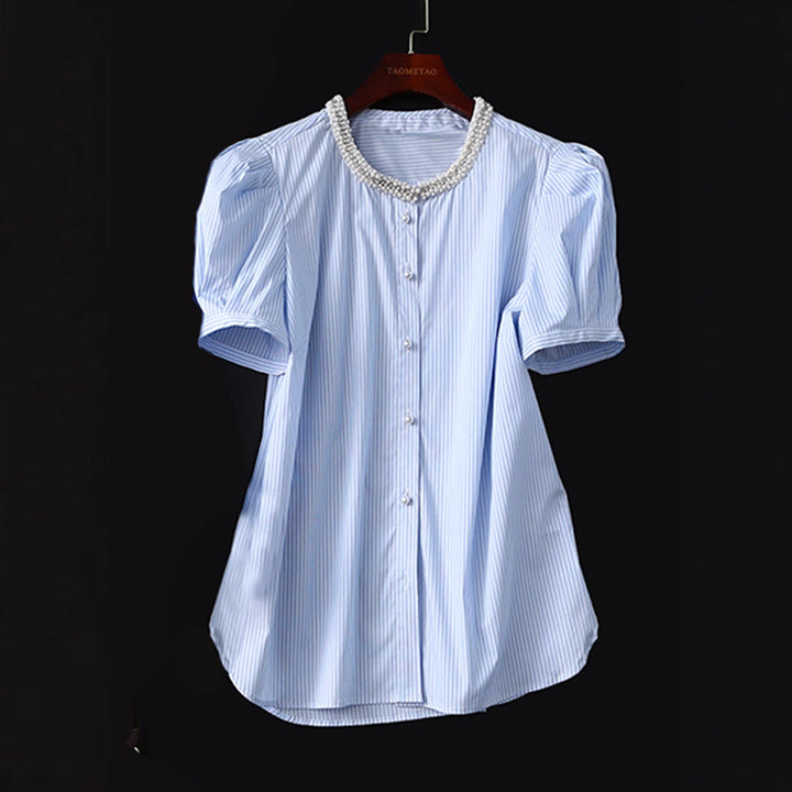 Women Striped Blouse with Beaded Round Neck, Hidden Button Placket and Extra Long Cuffs Mune Fashion