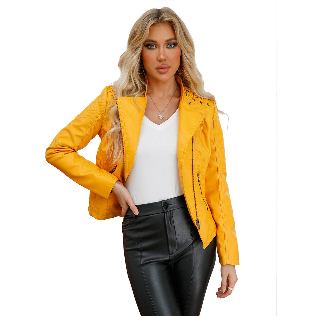 Women's short biker jacket made of faux leather with decorative eyelet lacing on the shoulders Mune Fashion