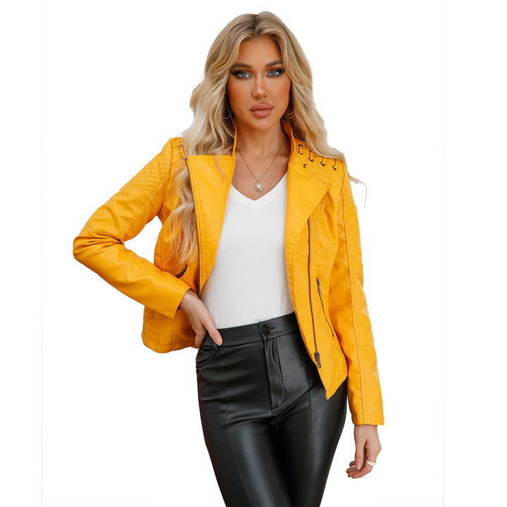 Women's short biker jacket made of faux leather with decorative eyelet lacing on the shoulders Mune Fashion