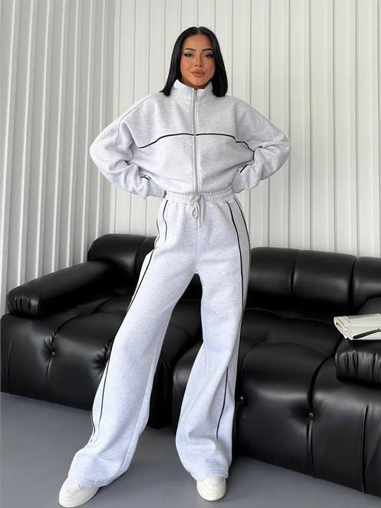 Women's nan Oversized Tracksuit Set with Zipper High Collar and Contrast Piping Mune Fashion