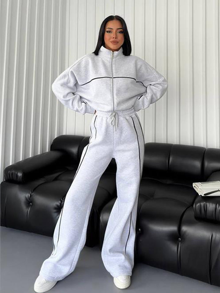 Women's nan Oversized Tracksuit Set with Zipper High Collar and Contrast Piping Mune Fashion
