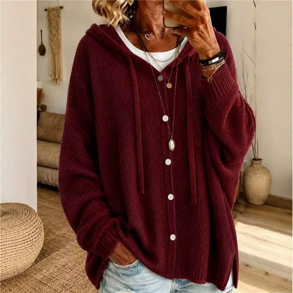 Womens Hooded Cardigan made of textured fine knit with button placket Mune Fashion