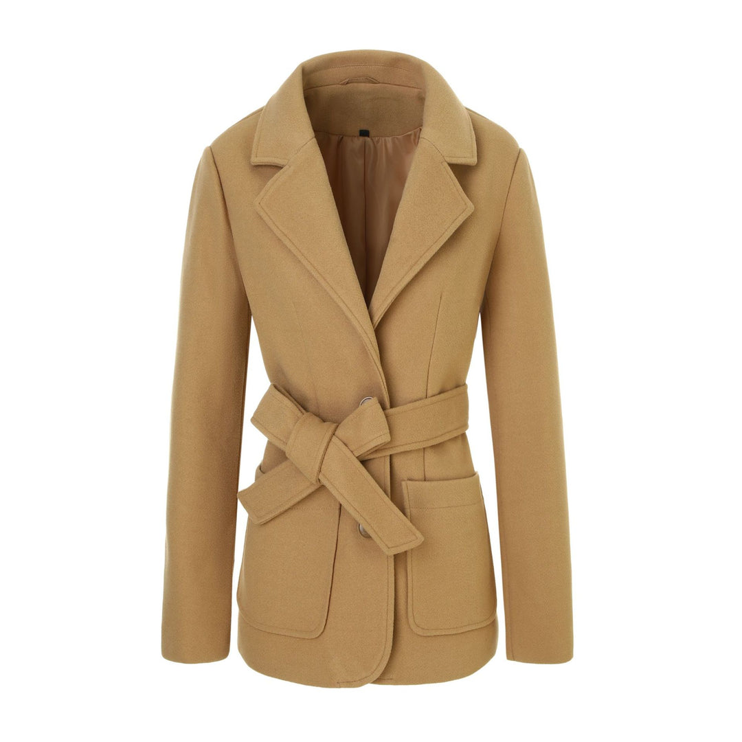 Women Tailored Short Coat with Tie Belt and Notched Collar Mune Fashion