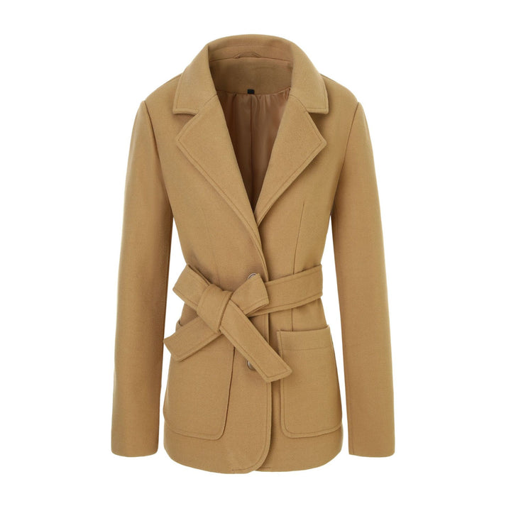 Women Tailored Short Coat with Tie Belt and Notched Collar Mune Fashion