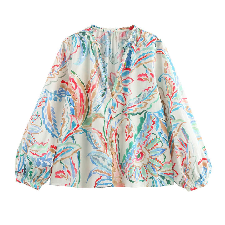 Ladies Lightweight Viscose Blouse with Watercolor Floral Print, V-Neck and Balloon Sleeves Mune Fashion