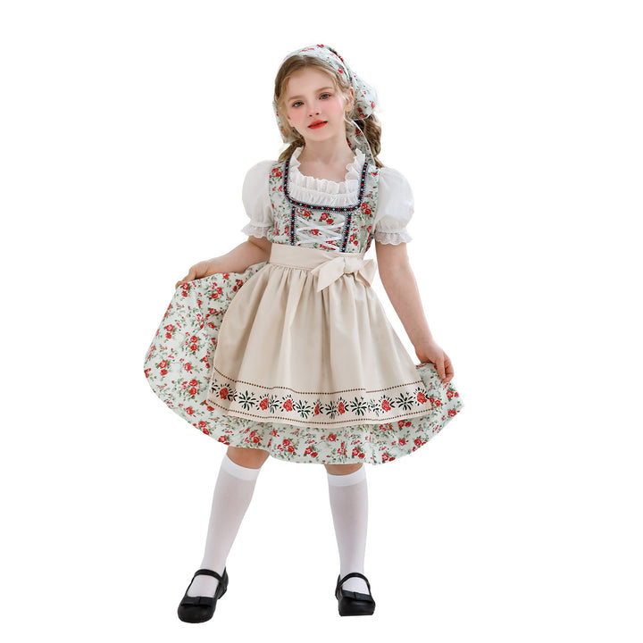 Ladies' traditional Dirndl dress for girls with embroidered apron, ruffle collar, and matching headscarf Mune Fashion