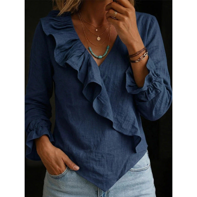 Women's Ruffle Blouse in Linen Look with Wrap Effect and Asymmetric Hem Mune Fashion