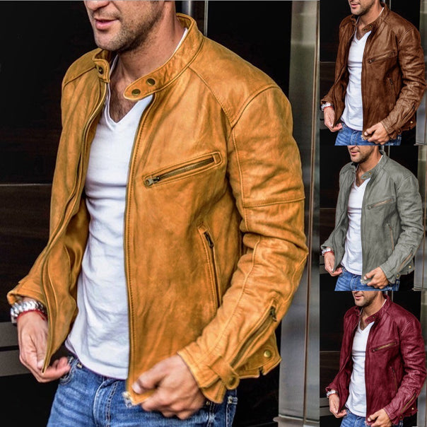 Men's biker leather jacket made of washed full leather with standing collar Mune Fashion