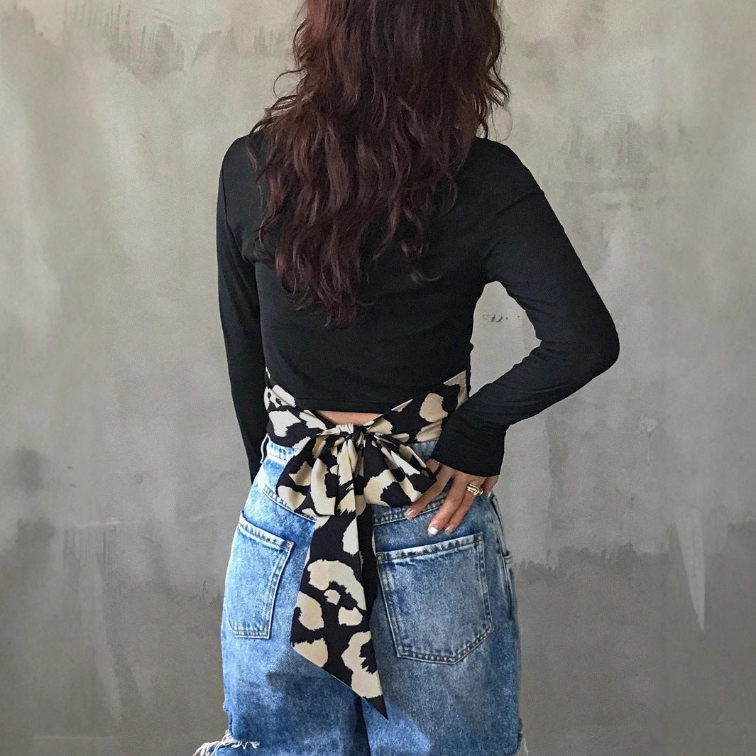 Women's Cropped Wrap Top with Back Bow and Printed Tie Belt Mune Fashion