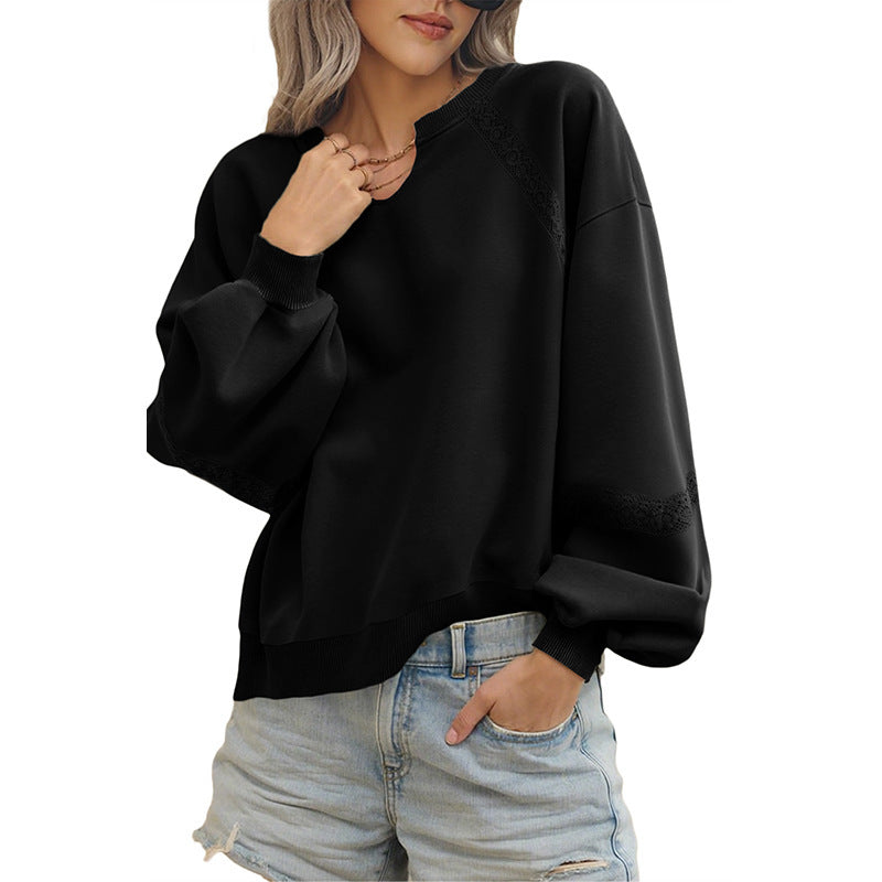 Women's Casual Sweatshirt with V-Notch, Lace Inserts and Balloon Sleeves Mune Fashion