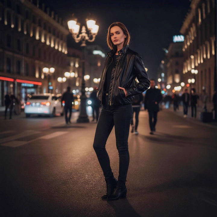 Ladies short cut faux leather bomber jacket with standing collar and zipper Mune Fashion