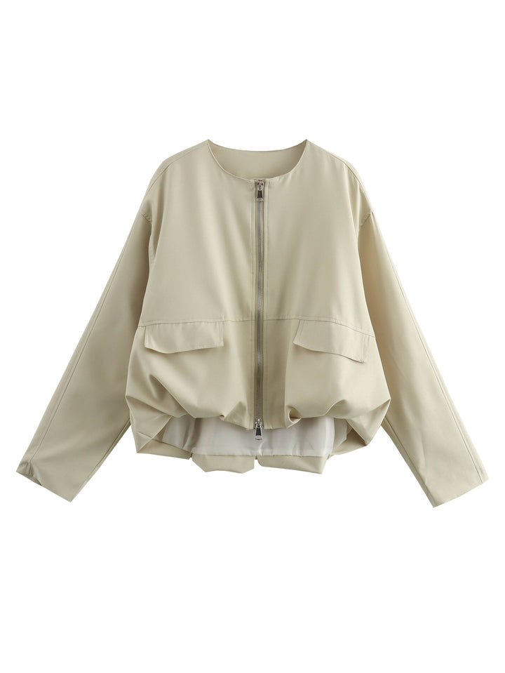 Women Lightweight Cropped Bomber Jacket with Round Neck, Two-Way Zipper and Flap Pockets Mune Fashion