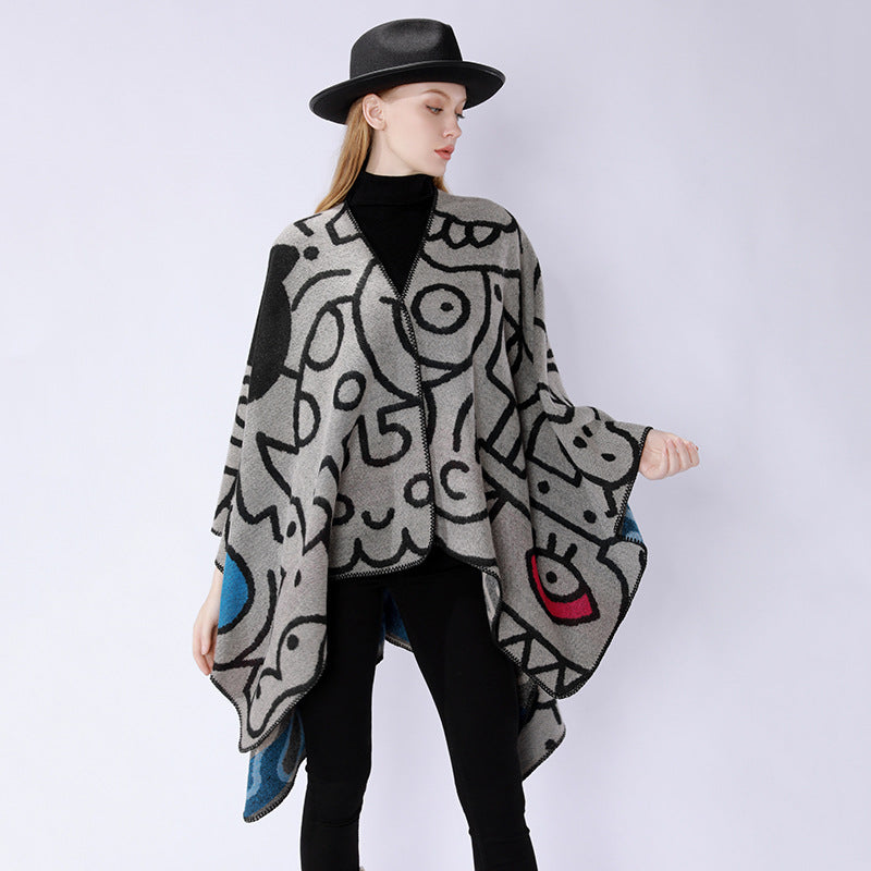 Women's oversized poncho in artistic print with two-tone edge processing and asymmetrical pointed hem Mune Fashion