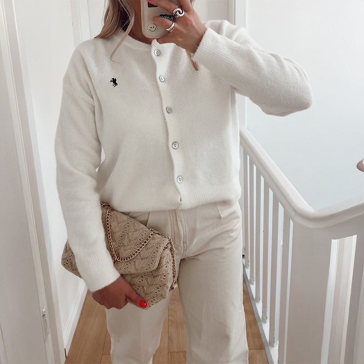 Women’s short fine knit cardigan with pearl buttons, round neck and delicate horse embroidery Mune Fashion