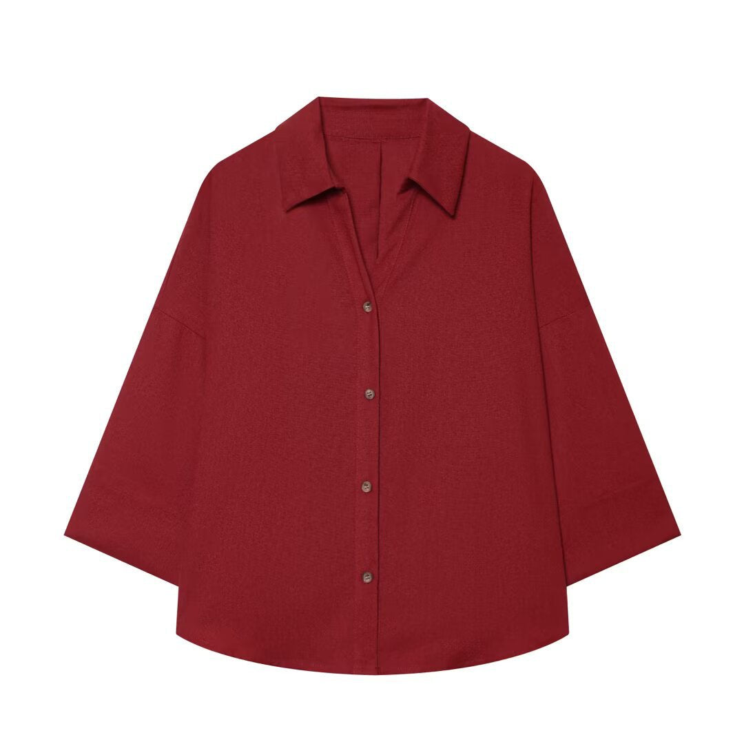 Women's Oversized Shirt Blouse with Boxy Cut, Three-Quarter Sleeves and Horn Button Placket Mune Fashion