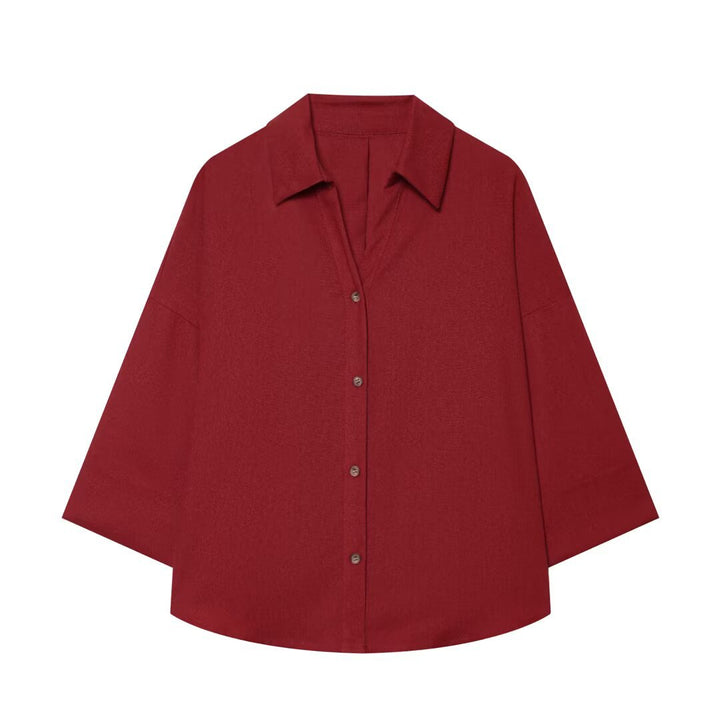 Women's Oversized Shirt Blouse with Boxy Cut, Three-Quarter Sleeves and Horn Button Placket Mune Fashion