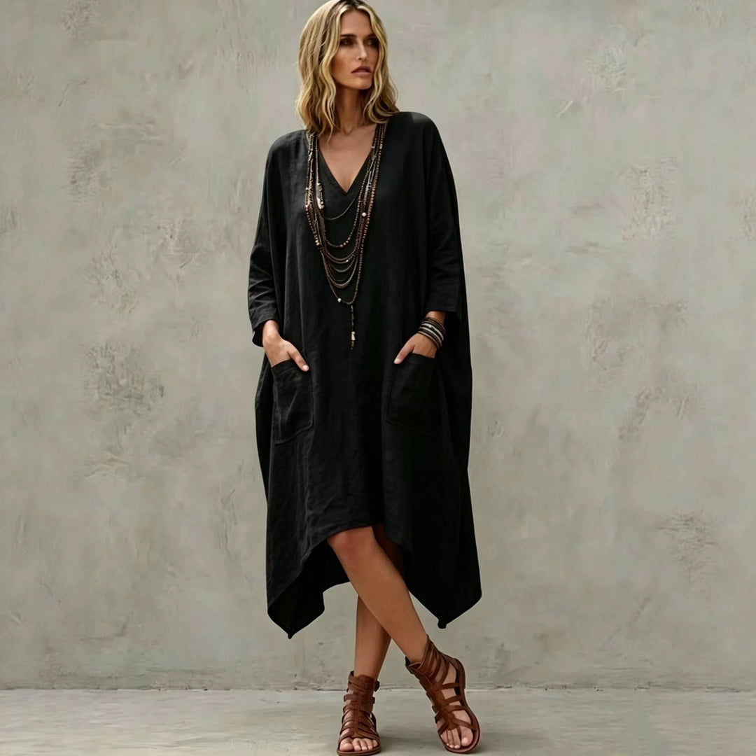 Women's Oversize Kaftan Dress with V-Neck, Side Pockets and Asymmetrical Hem Mune Fashion