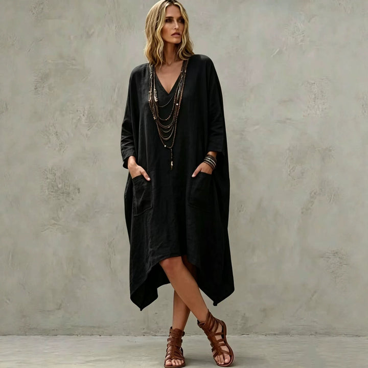 Women's Oversize Kaftan Dress with V-Neck, Side Pockets and Asymmetrical Hem Mune Fashion