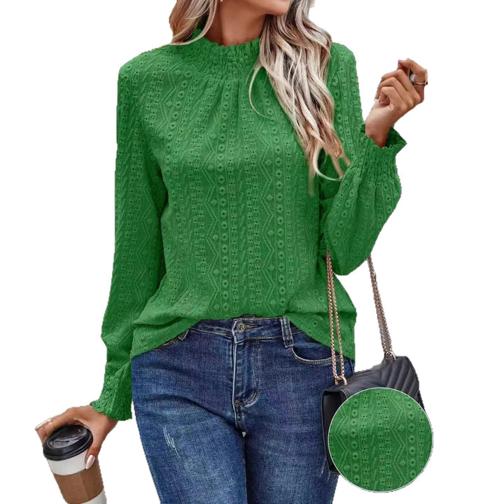 Women’s lace blouse with gathered stand-up collar and smocked sleeves Drune